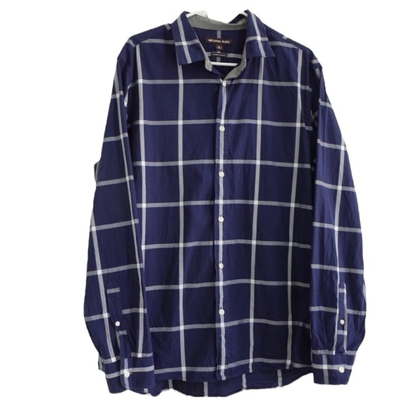 Michael Kors Sz XL Tailored Classic Fit Plaid LS Button Down Dress Shirt Navy - Picture 1 of 11
